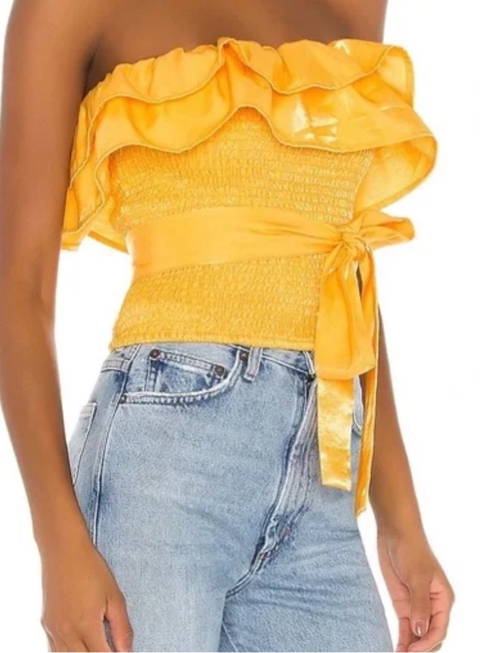 Lovers + Friends Sunburst Yellow Smocked Ruffle Strapless Crop Top